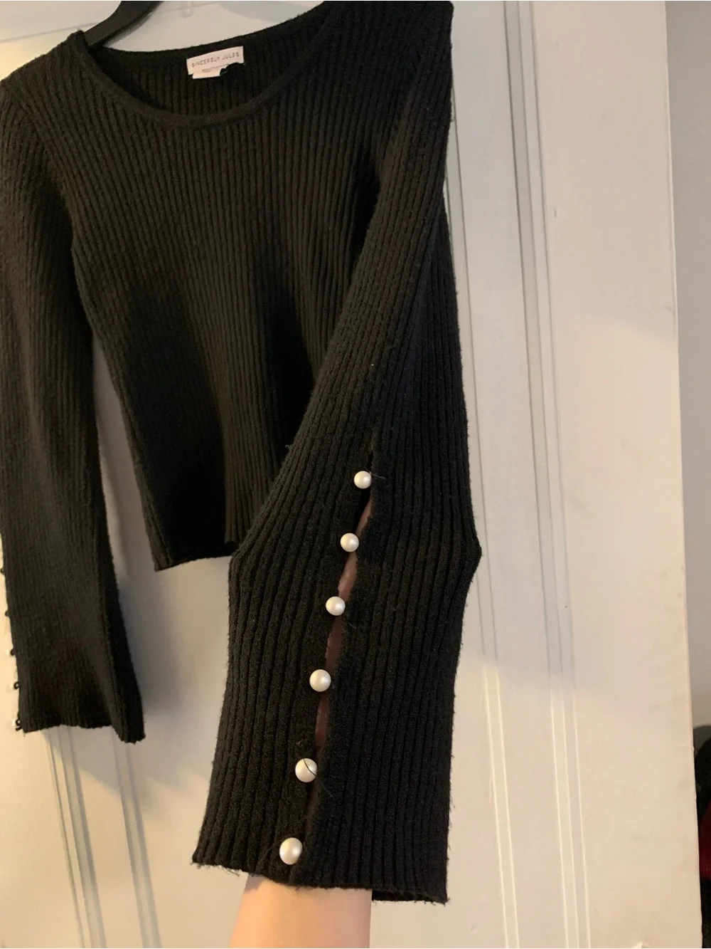 XS Black Long-Sleeve Sweater with Pearl Button Sleeve Detail